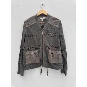 Sundance Taupe Gray Eyelet Bomber Jacket Women's M Zip Front